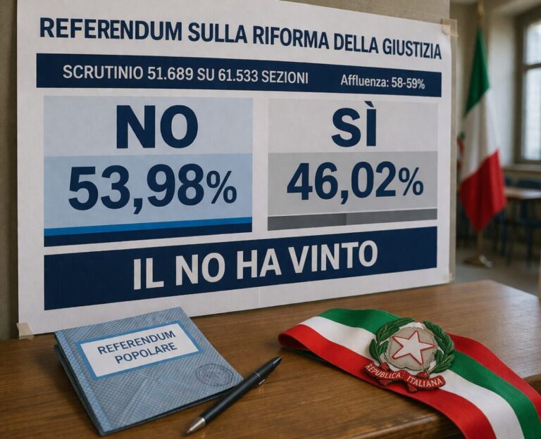 Scopri di più sull'articolo Referendum giustizia, vince il No con il 53,7%: riforma bocciata, affluenza al 58,9%