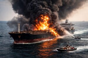 petroliera in fiamme