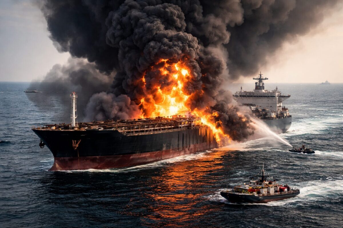 petroliera in fiamme